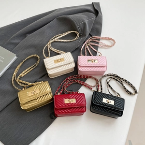 Mini crossbody bags with V-quilt pattern and gold chain straps in five assorted colors