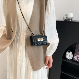 Fashionable black quilted mini crossbody bag with gold chain strap and metal lock