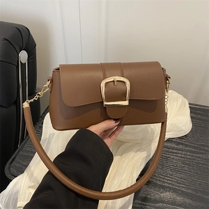 Women Underarm Baguette Bag PU Leather Large Gold Buckle Flap Closure French Style Shoulder Purse Commuting Fashion