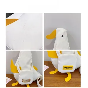 Waterproof detail of a white canvas crossbody bag featuring a cute cartoon duck design