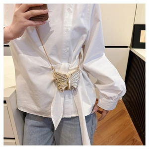 Détail du sac de soirée papillon avec strass étincelants et chaîne en métal doré