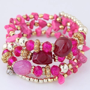 Bohemian multi-layer wrap bracelet with pink crushed stones and faceted resin beads