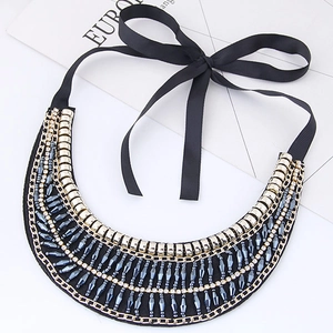 Vintage Legering Strass Slab Halsketting Met Satijnen Lint Goud Blauw Kristal Meerlagig Statement Choker Voor Vrouwen Feest Sieraden