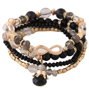 Bracelet multicouche élastique avec perles de cristal, signe infini et pendentif couronne