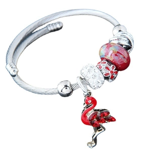 Women Alloy Flamingo Charm Bracelet With Steel Wire Cable Bangle Rhinestone Glass Beads Enamel Boho Jewelry Gift