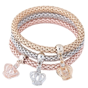 Three-piece braided metal stretch bracelets with crystal crown charms in tri-color set