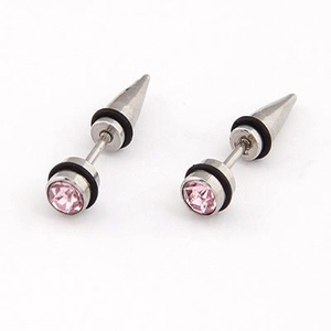 Punk-Ohrstecker aus Edelstahl mit rosa Kristall und schwarzen Gummi-O-Ringen