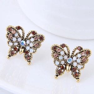 Boucles d'oreilles papillon élégantes avec cristaux étincelants et pierres irisées dorées