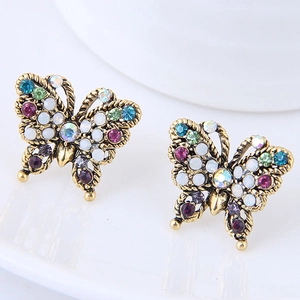 Boucles d'oreilles papillon dorées vintage serties de strass multicolores et pierres