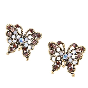 Boucles d'oreilles papillon bronze vintage avec strass ambre et pierre d'opale