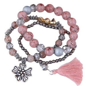 Bohemian Multilayer Alloy Beaded Bracelet Set For Women Resin Glass Beads Flower Pendant Silk Tassel Geometric Studs Jewelry