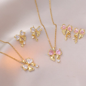 Sweet Bow Knot Necklace And Earrings Jewelry Titanium Steel Pink Zircon Star Pendant Elegant Gift For Women