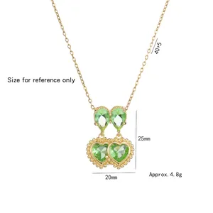 Double heart necklace with green zircon stones on a gold chain pendant for women