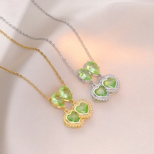 Double Heart Green Gemstone Necklace Titanium Steel Zircon Pear Shaped Pendant Clavicle Chain Elegant Korean Style Women
