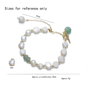 Baroque freshwater pearl bracelet with gold OT toggle clasp and green pendant charm