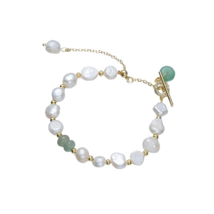 Baroque freshwater pearl bracelet with green gemstone beads and golden T-bar toggle clasp