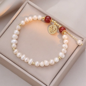 Freshwater Pearl Bracelet With Gold Plated Fu Charm And Red Agate Beads Elegant Traditional Chinese Style Jewelry For Women