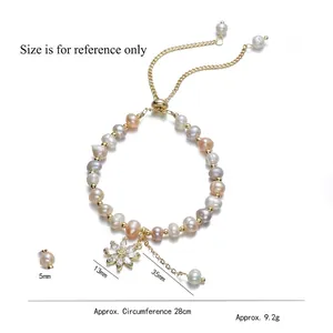 Irregular freshwater pearl bracelet with zircon sunflower pendant and adjustable slide clasp