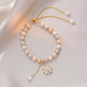 Adjustable colorful freshwater pearl bracelet with zircon daisy flower charm on silk fabric