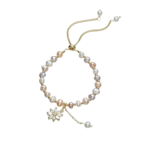 Handmade freshwater pearl bracelet with colorful pearls and a zircon flower pendant charms
