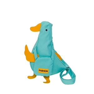 Cute sky blue duck-shaped canvas crossbody bag with orange accents and fashion patch