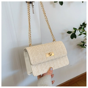 Detail of beige straw woven bag showing herringbone texture, gold chain and twist lock