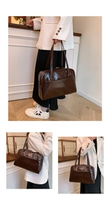 Brown glossy leather tote bag shown in handheld and shoulder styles for daily commuting