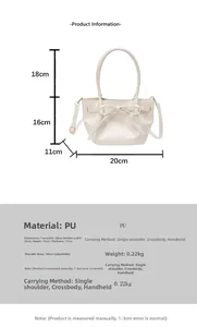 Detailed size specifications of white PU bucket bag with dimensions and strap info