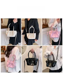 Lifestyle shots of shiny patent leather bucket bag with bow detail in multiple ways