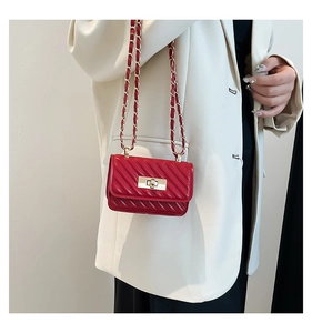 Detail of red quilted mini crossbody bag with gold twist lock and chain strap
