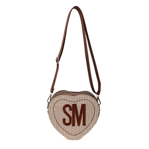 Sac bandoulière en forme de cœur avec texture tissée beige et broderie marron