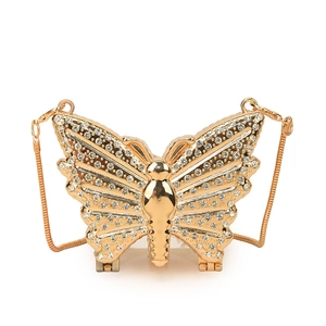Pochette de soirée papillon dorée exquise avec strass blancs étincelants et chaînette