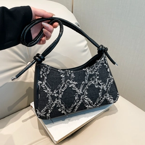 Borsa a Spalla in Denim Sfilacciato a Rombi Tracolla in Pelle PU con Nodi Borsa Sottobraccio Moda Tracolla Donna Quotidiana