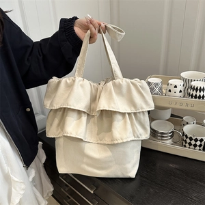 Dames Ruffle Canvas Tote Tas Grote Capaciteit Geplooide Schoudertas Koreaanse Stijl Effen Kleur Schooltas Voor Studenten Dagelijks