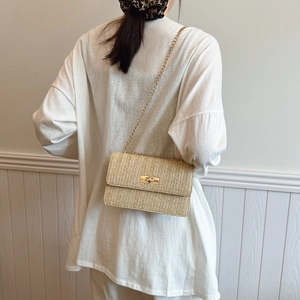 Minimalist straw woven crossbody bag with gold chain and turn-lock closure on female model