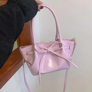 Women Shiny PU Leather Bow Bucket Bag Sweet Pleated Handbag With Adjustable Shoulder Strap For Daily Use Fashion Party Bags