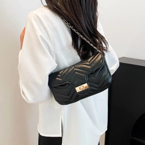 Classic black chevron quilted shoulder bag with gold chain strap and turn-lock closure