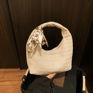 Handgewebte Stroh Handtasche Für Damen Große Kapazität Hobo Tasche Mit Bedrucktem Seidenschal Dekoration Sommer Strand Urlaub Top Griff Tasche Lässige Tasche