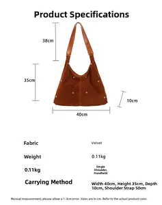 Tableau détaillé des dimensions du grand sac cabas en velours marron avec rivets
