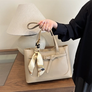 Fashion Large Capacity Women PU Leather Tote Bag Minimalist Shoulder Bag With Decorative Satin Scarf Commuter Handbag