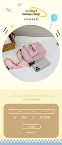 Pink nylon crossbody bag dimensions 17x20.5x6cm with cute capybara print and size chart