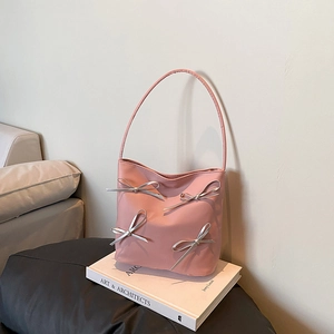 Sweet Bow Decor Shoulder Bag For Women PU Leather Underarm Bag Trendy Solid Color Commuter Tote Handbag Daily Party Bag