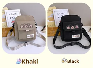 Detailed comparison of khaki and black mini capybara print nylon crossbody bags