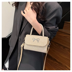 Champagne glitter crossbody bag with silver bow accent worn by a model in black suit