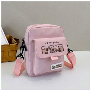 Pink canvas crossbody bag featuring three cute capybara prints and adjustable strap