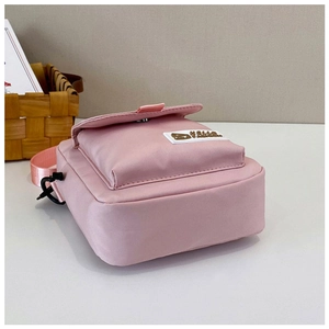 Detail view of a pink mini canvas crossbody bag with HELLO FASHION label and adjustable strap