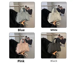 Detailed grid showing four colors of the striped tote bag with cute oversized bow accents