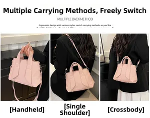 Pink pebbled leather bucket bag showing three styles: handbag, shoulder bag, and crossbody.
