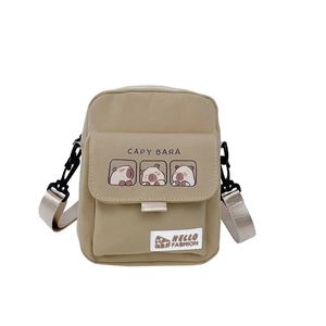 Cute khaki canvas crossbody bag with Capybara print and adjustable shoulder strap