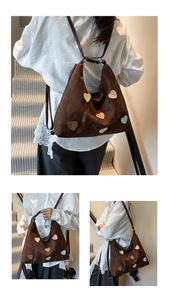 Brown leather hobo bag with colorful heart patches shown in various carrying styles